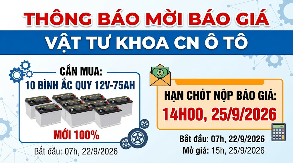 Thông báo: Mời báo giá mua sắm vật tư phục vụ dạy – học Khoa Công nghệ Ô tô